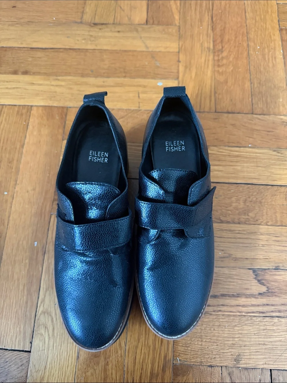 Eileen Fisher Black Textured Leather Slip-On wedge Loafers